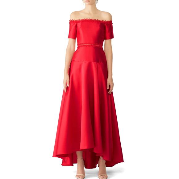 Monique Lhuillier Dresses & Skirts - Monique Lhuillier Off Shoulder Maxi High Low Gown Dress 4 Red Wedding Guest